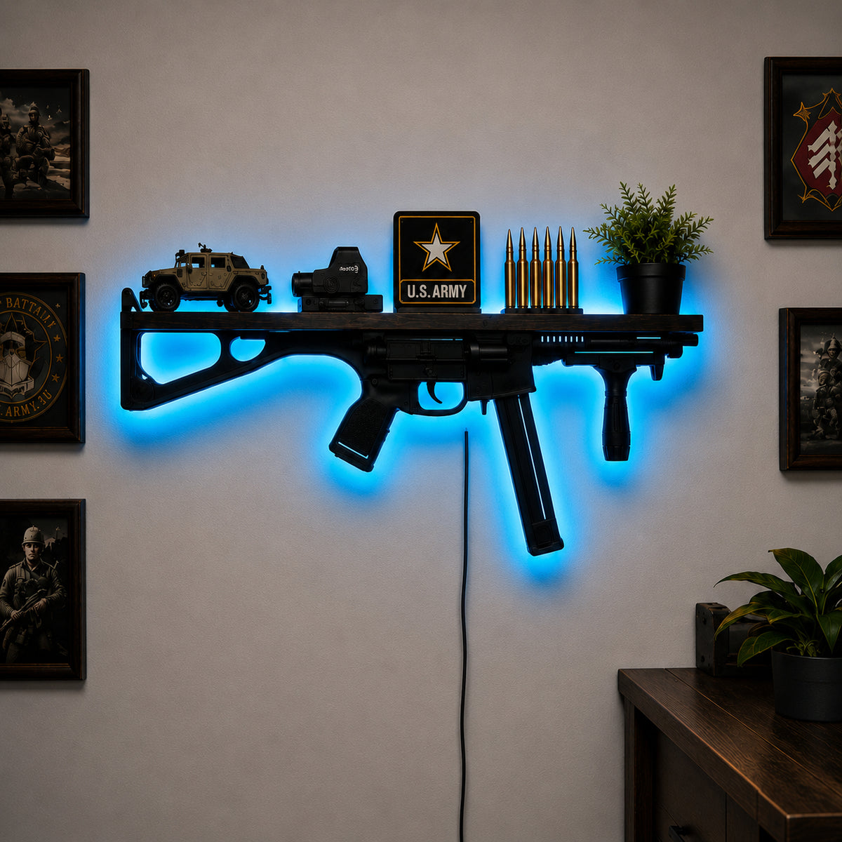 🔫 Rifle‑Shaped LED Backlit Wall Display Shelf