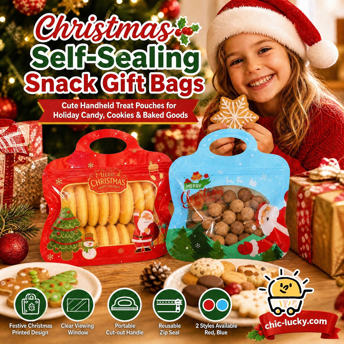 🎅LAST DAY SALE 50% OFF!!🎁Easy Fill, Easy Seal🎄 Festive Self-Seal Treat Bags – Santa & Snowman Print | Resealable, Food-Safe & Perfect for Cookies, Chocolates & Little Gifts⛄
