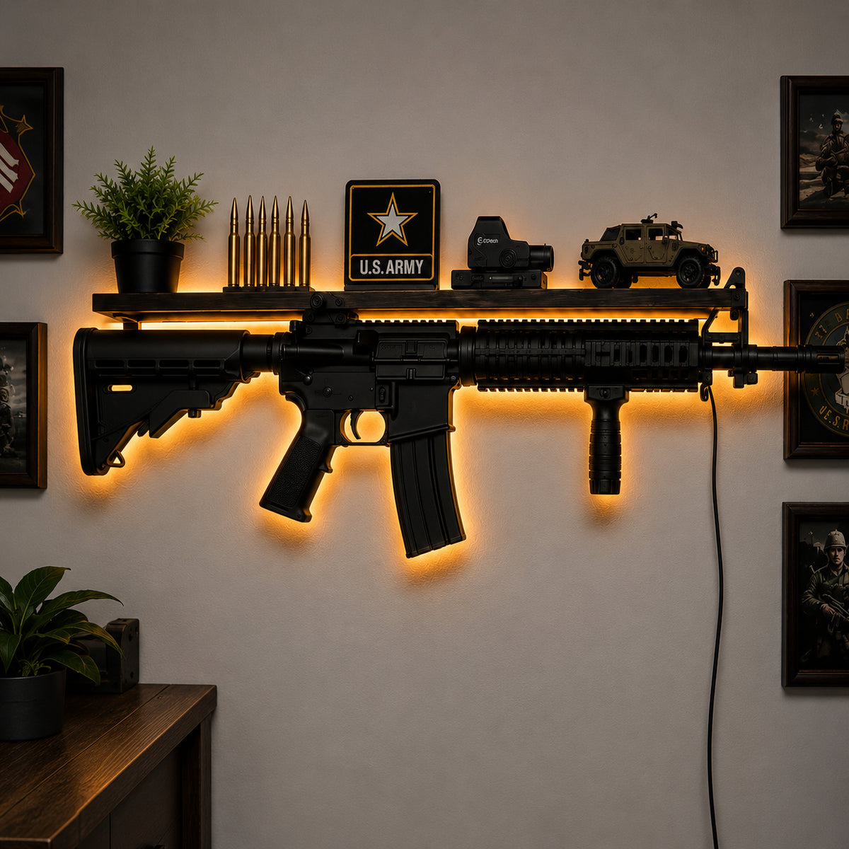 🔫 Rifle‑Shaped LED Backlit Wall Display Shelf