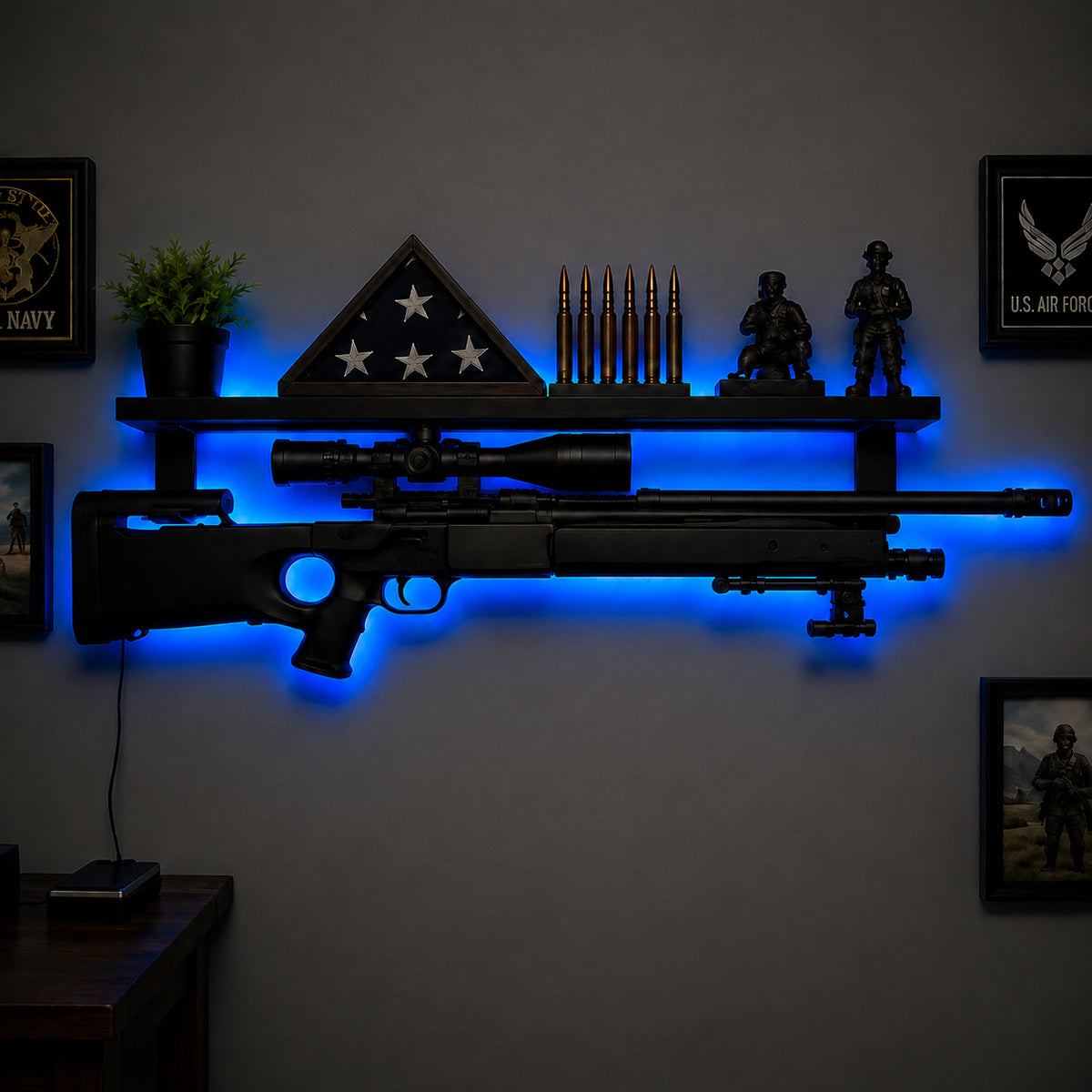 🔫 Rifle‑Shaped LED Backlit Wall Display Shelf