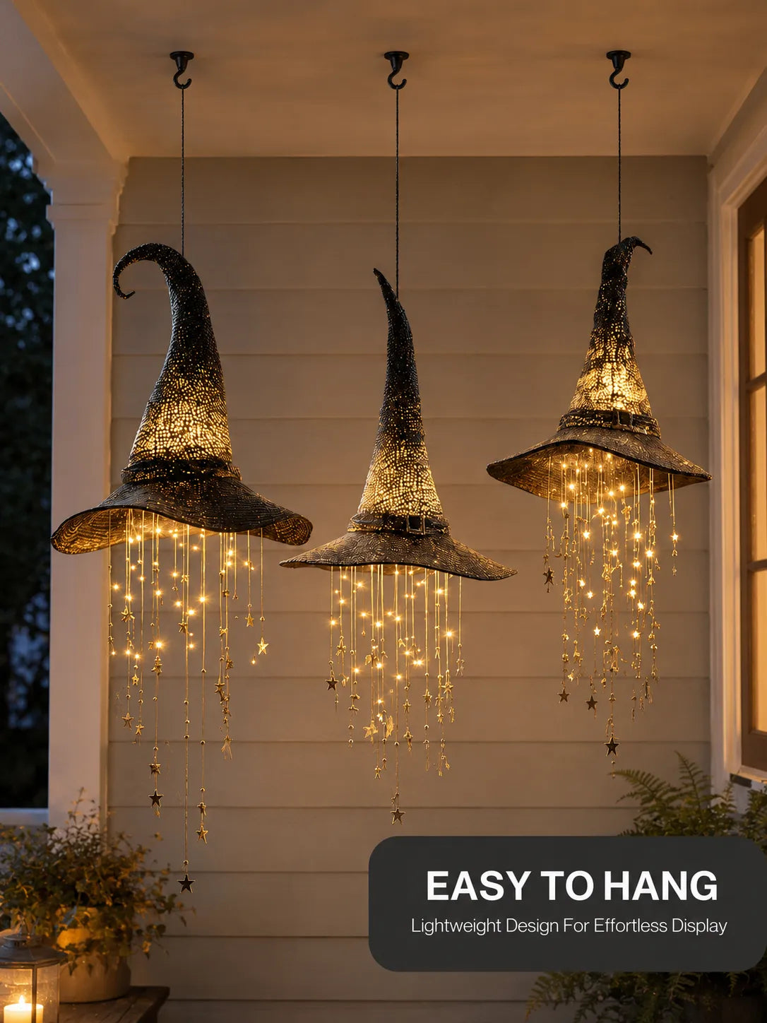 🧙‍♀️ Hanging Glowing Witch Hat with Star String Lights Magical Seasonal Decor for Halloween & Everyday Whimsy