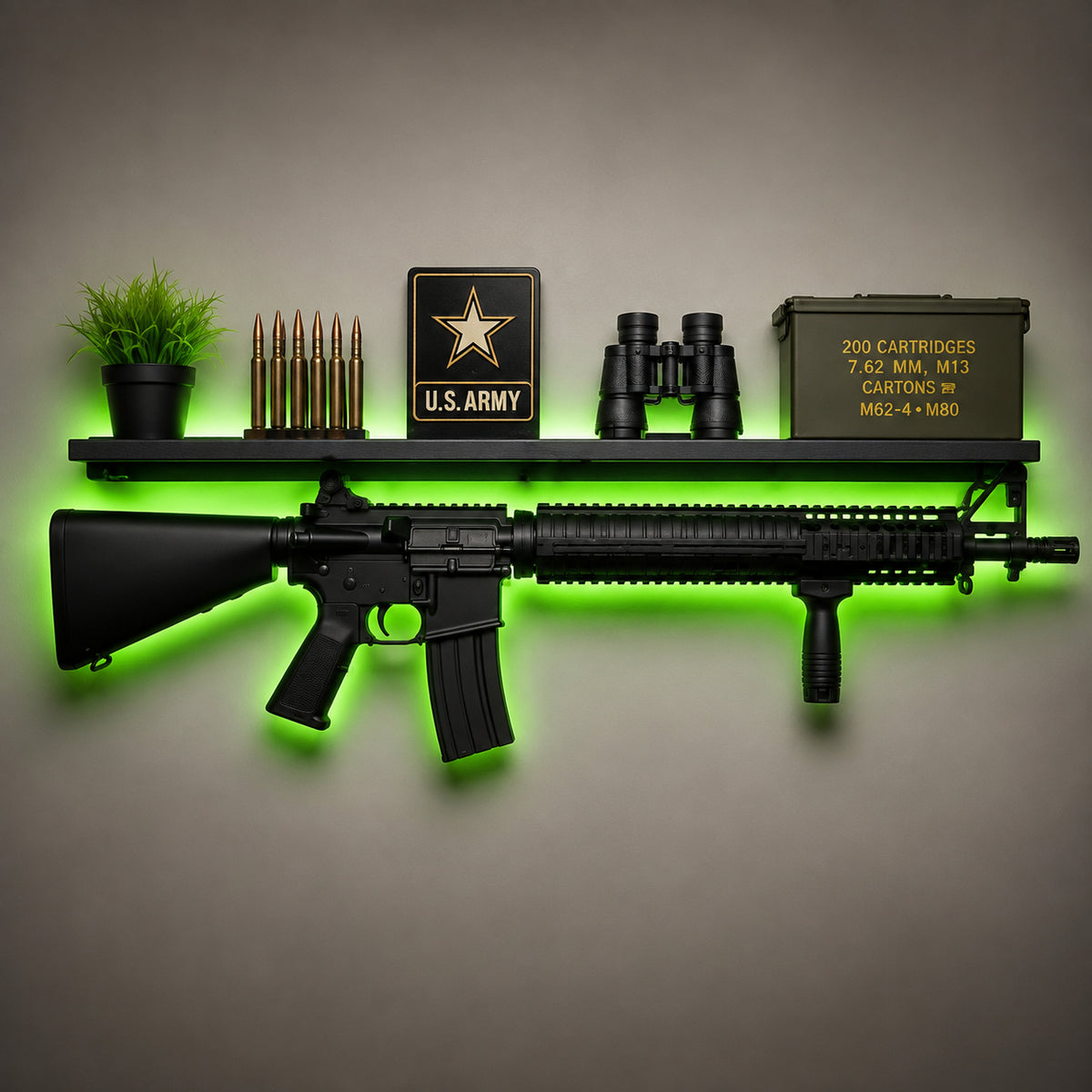 🔫 Rifle‑Shaped LED Backlit Wall Display Shelf