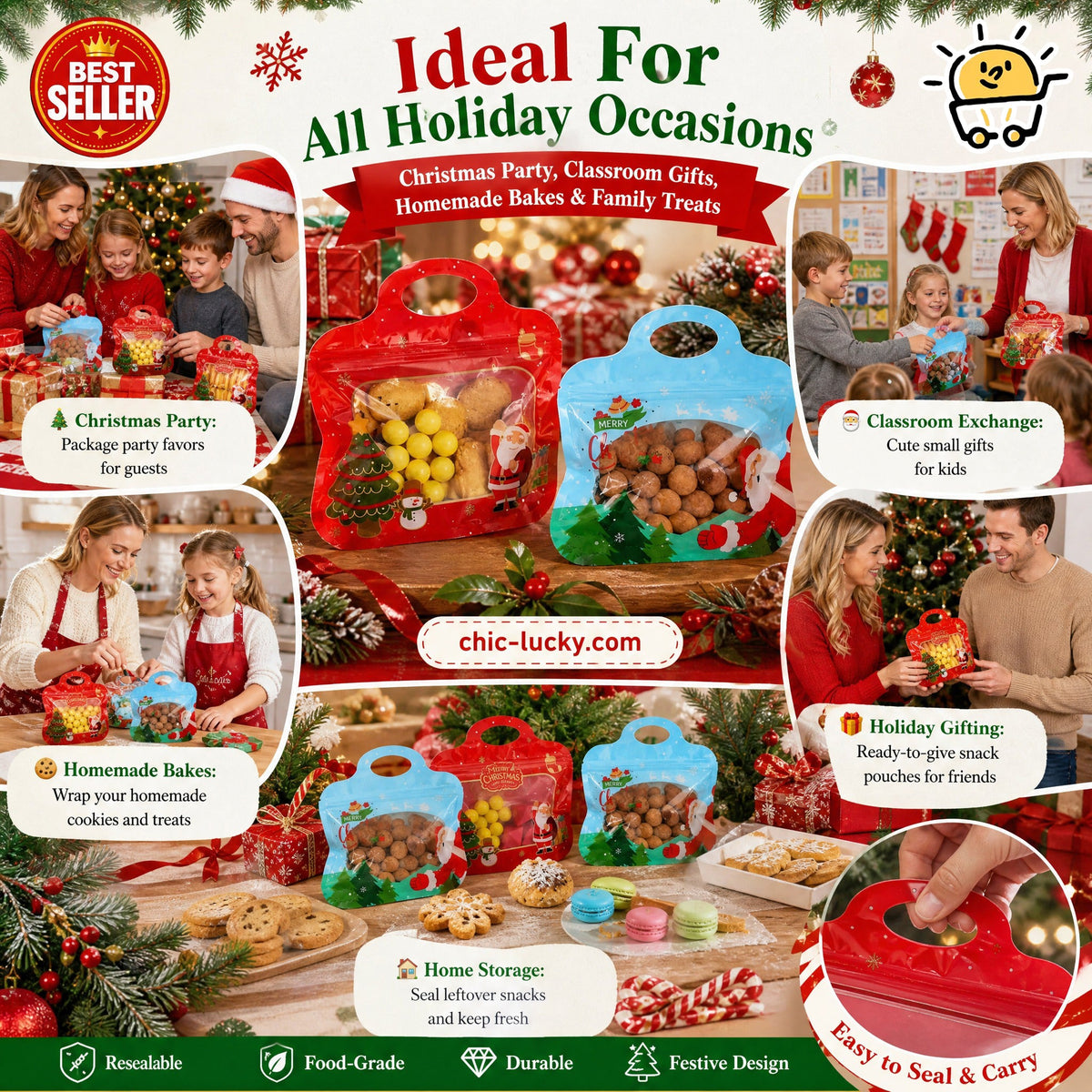🎅LAST DAY SALE 50% OFF!!🎁Easy Fill, Easy Seal🎄 Festive Self-Seal Treat Bags – Santa & Snowman Print | Resealable, Food-Safe & Perfect for Cookies, Chocolates & Little Gifts⛄