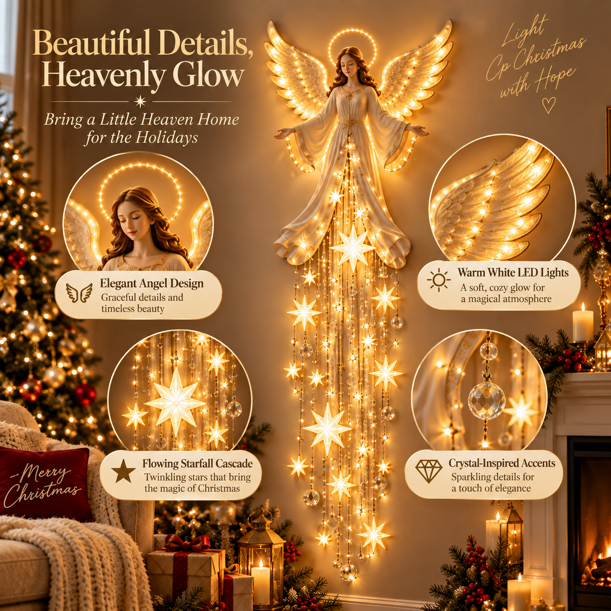 👼Lighted Christmas Angel Wall Decor – Glowing Star Cascade Holiday Decoration