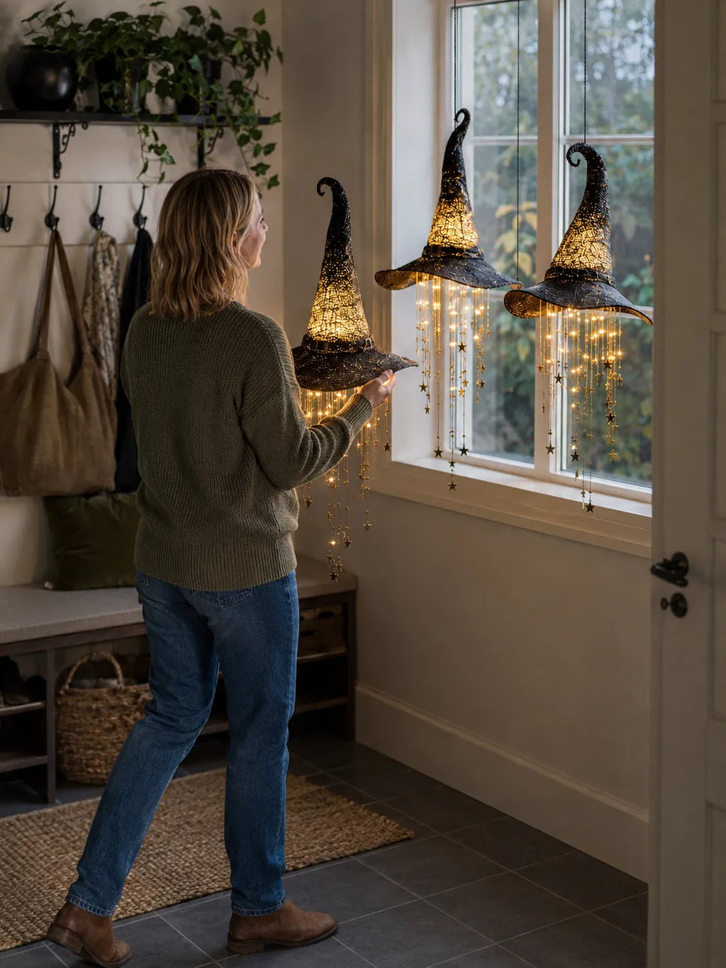 🧙‍♀️ Hanging Glowing Witch Hat with Star String Lights Magical Seasonal Decor for Halloween & Everyday Whimsy
