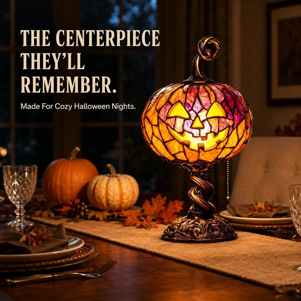 🎃 Vintage Mosaic Pumpkin Glow Lamp – Cozy Halloween Table Decor