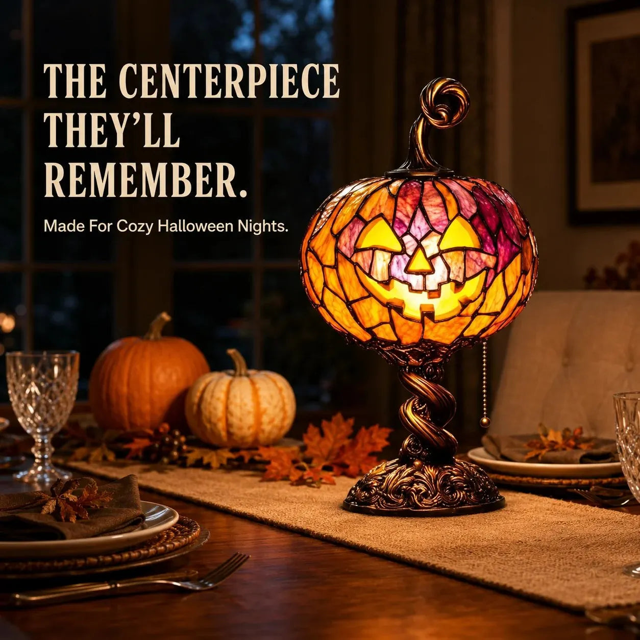 🎃 Vintage Mosaic Pumpkin Glow Lamp – Cozy Halloween Table Decor