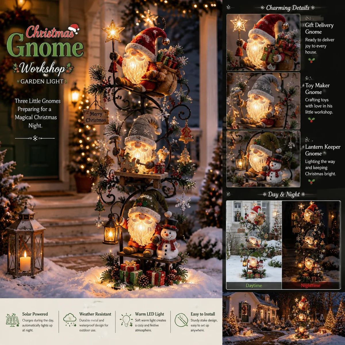 🎄🍄 Christmas Gnome Workshop Solar Garden Light 🎁🌟