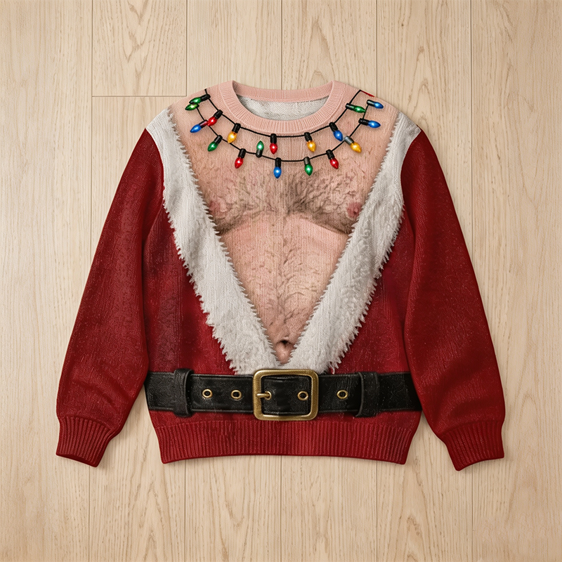 Funny Hairy Chest Santa Lights Ugly Christmas Sweater 3D Printed Holiday Gag Gift Sweatshirt🎅