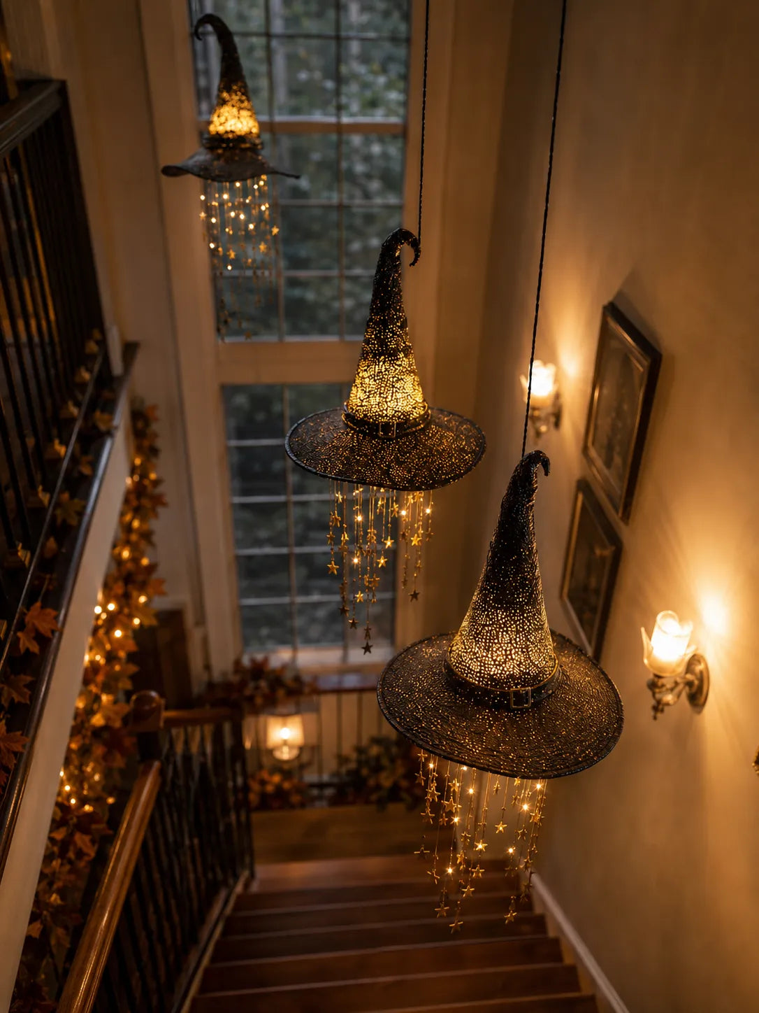 🧙‍♀️ Hanging Glowing Witch Hat with Star String Lights Magical Seasonal Decor for Halloween & Everyday Whimsy