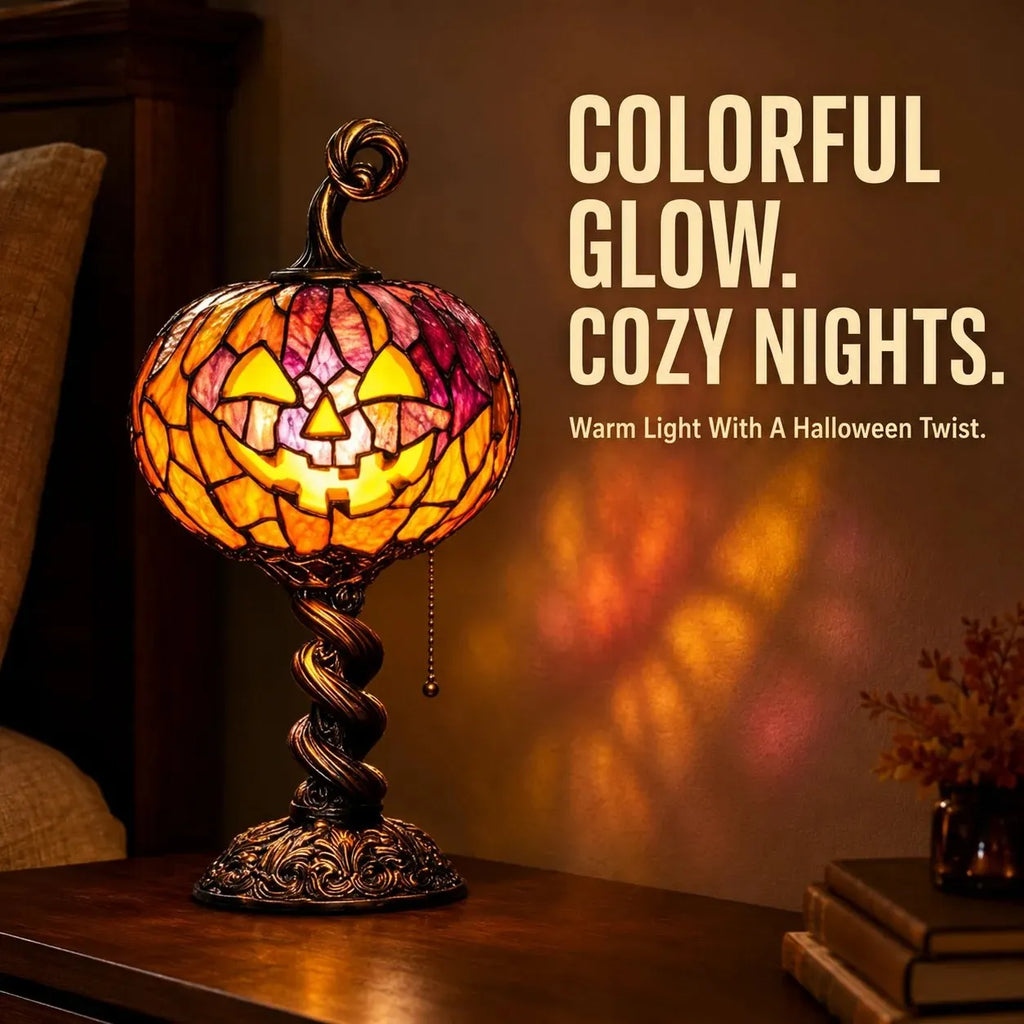 🎃 Vintage Mosaic Pumpkin Glow Lamp – Cozy Halloween Table Decor