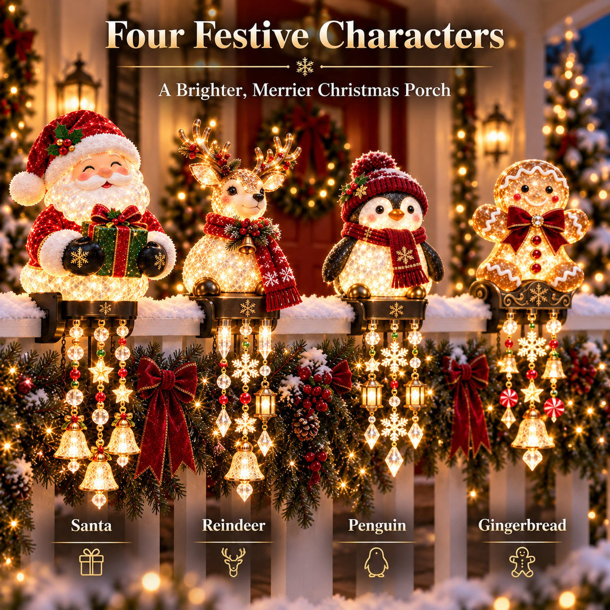 🔔🎄 Christmas Porch Railing Lights – 4 Festive Character Designs