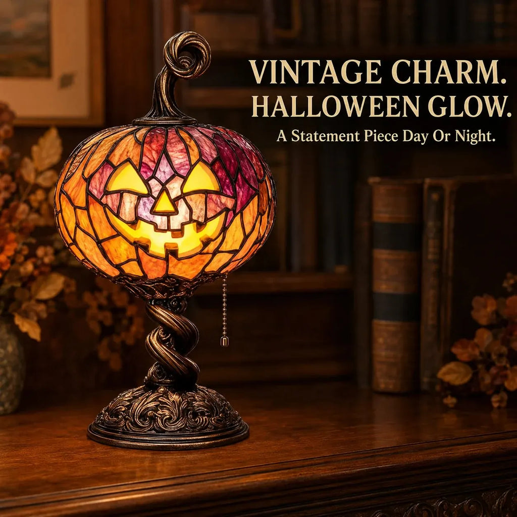 🎃 Vintage Mosaic Pumpkin Glow Lamp – Cozy Halloween Table Decor
