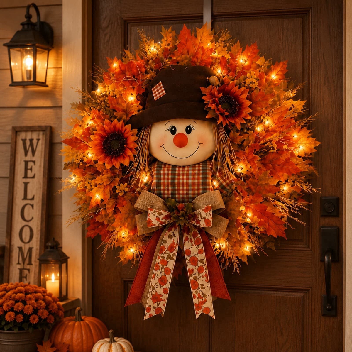 🍂 Lighted Scarecrow Fall Wreath for Front Door