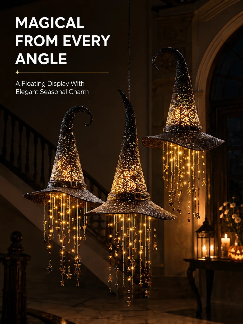 🧙‍♀️ Hanging Glowing Witch Hat with Star String Lights Magical Seasonal Decor for Halloween & Everyday Whimsy