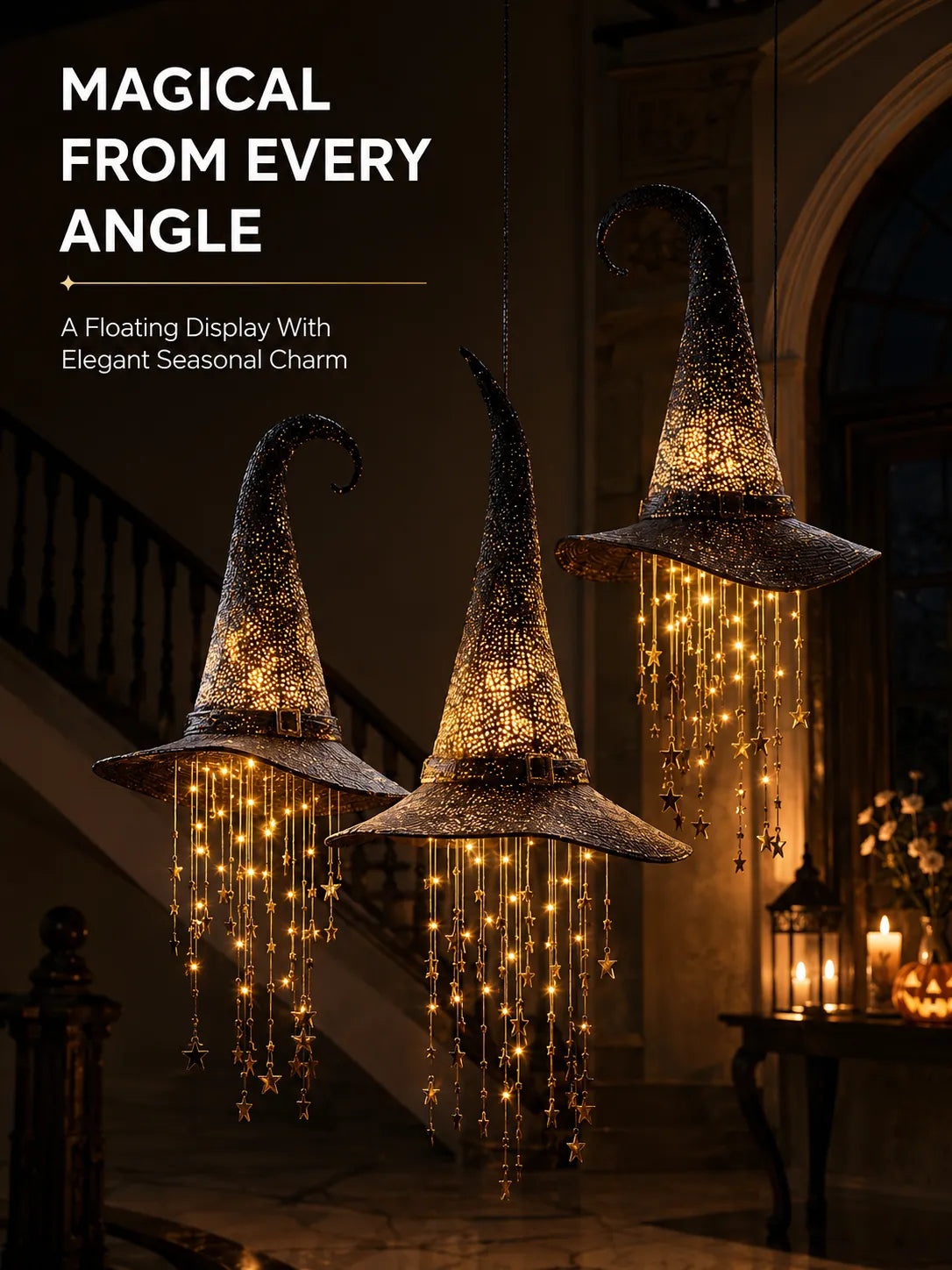 🧙‍♀️ Hanging Glowing Witch Hat with Star String Lights Magical Seasonal Decor for Halloween & Everyday Whimsy