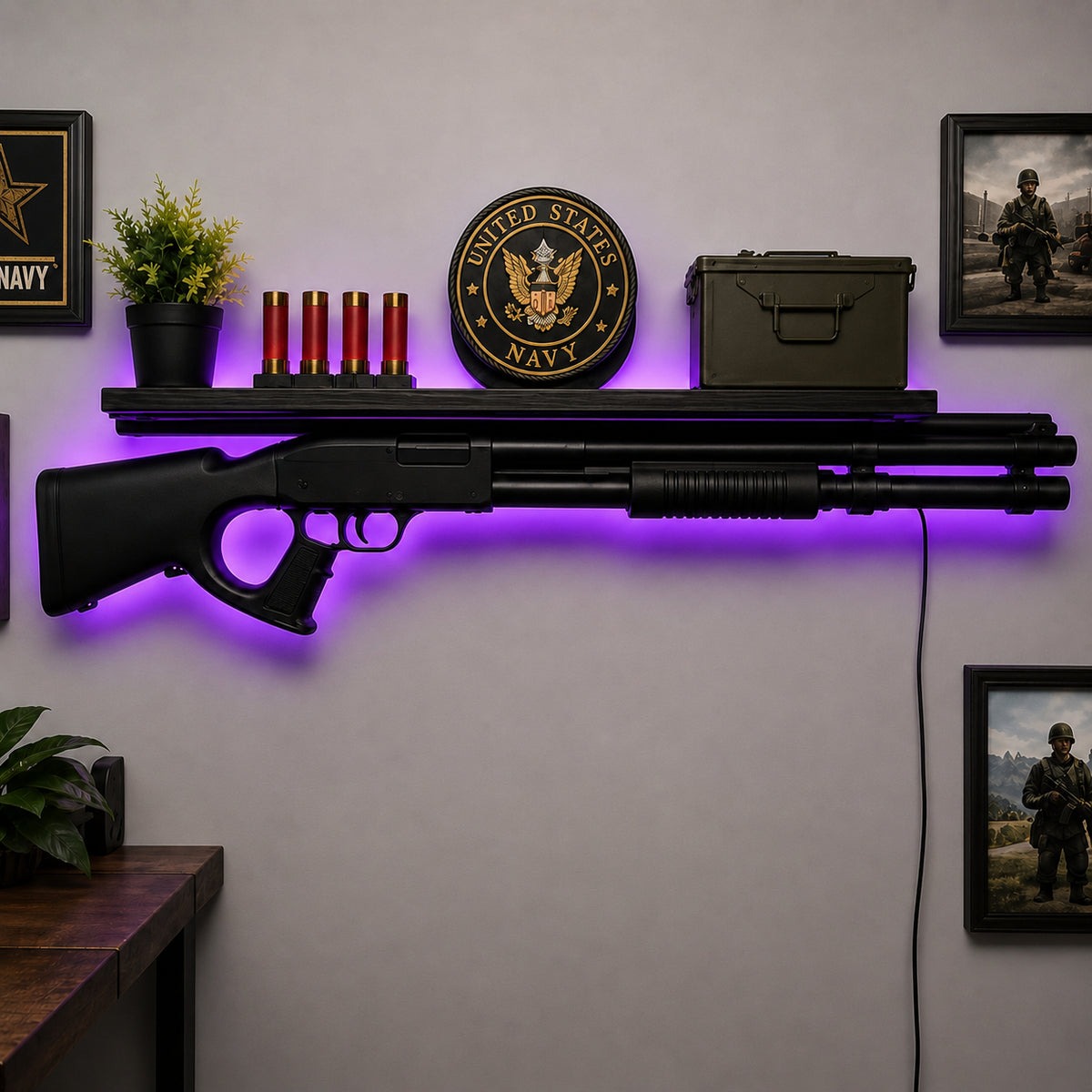 🔫 Rifle‑Shaped LED Backlit Wall Display Shelf