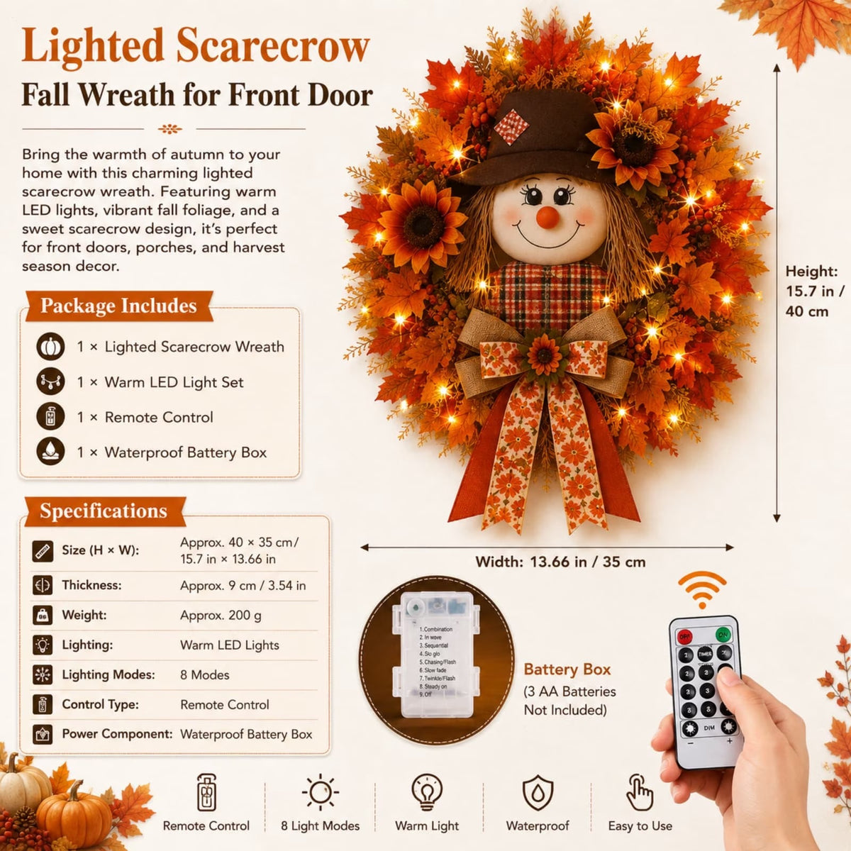 🍂 Lighted Scarecrow Fall Wreath for Front Door