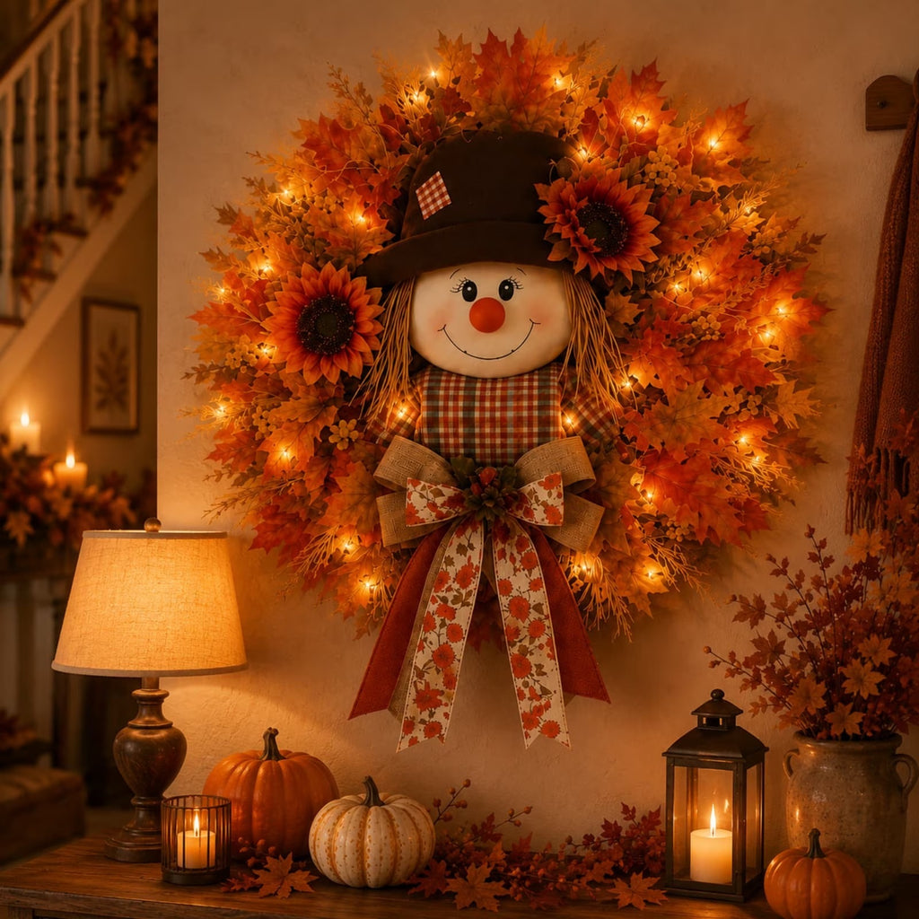 🍂 Lighted Scarecrow Fall Wreath for Front Door