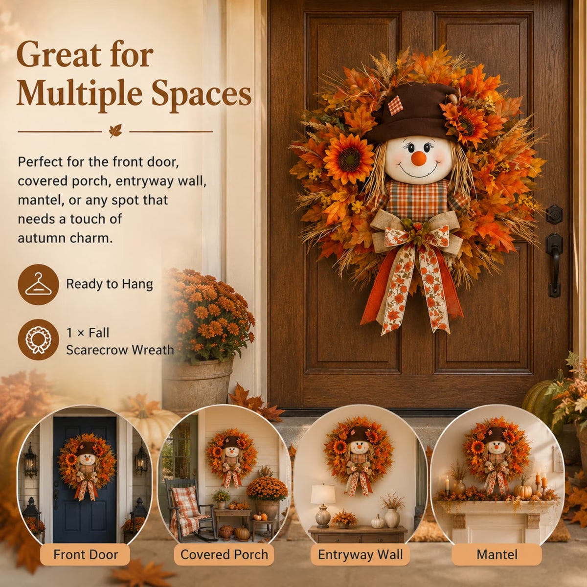 🍂 Lighted Scarecrow Fall Wreath for Front Door