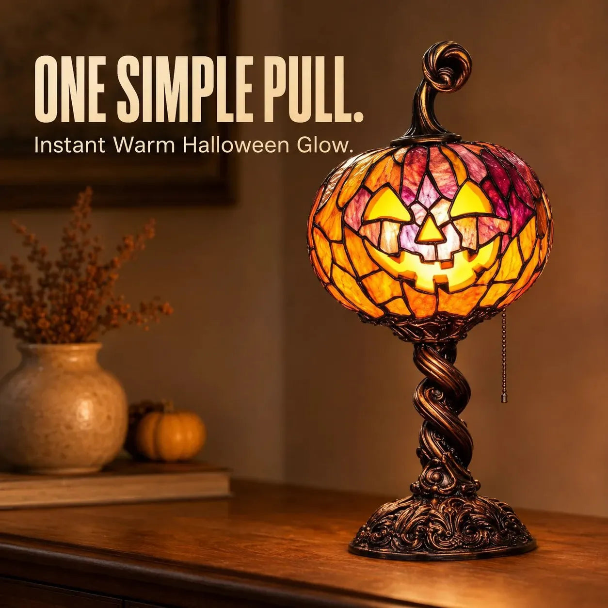 🎃 Vintage Mosaic Pumpkin Glow Lamp – Cozy Halloween Table Decor