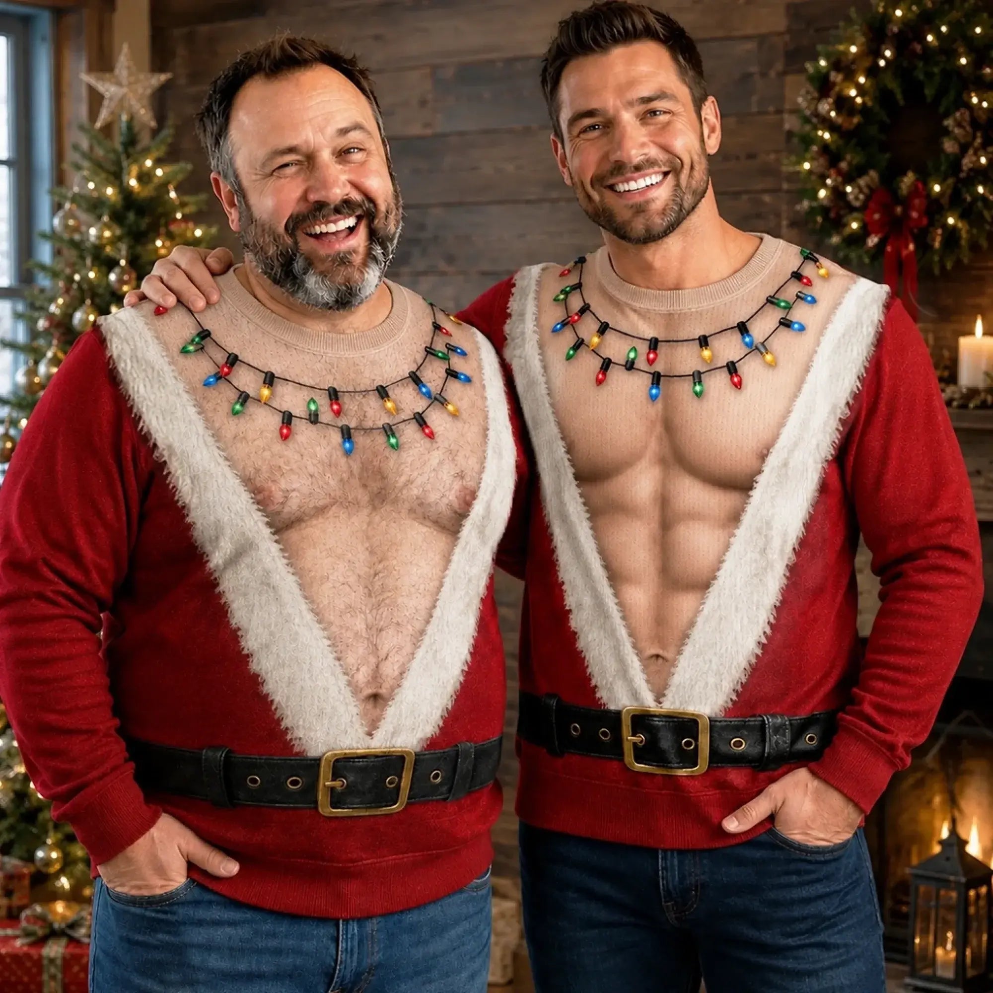 Funny Hairy Chest Santa Lights Ugly Christmas Sweater 3D Printed Holiday Gag Gift Sweatshirt🎅