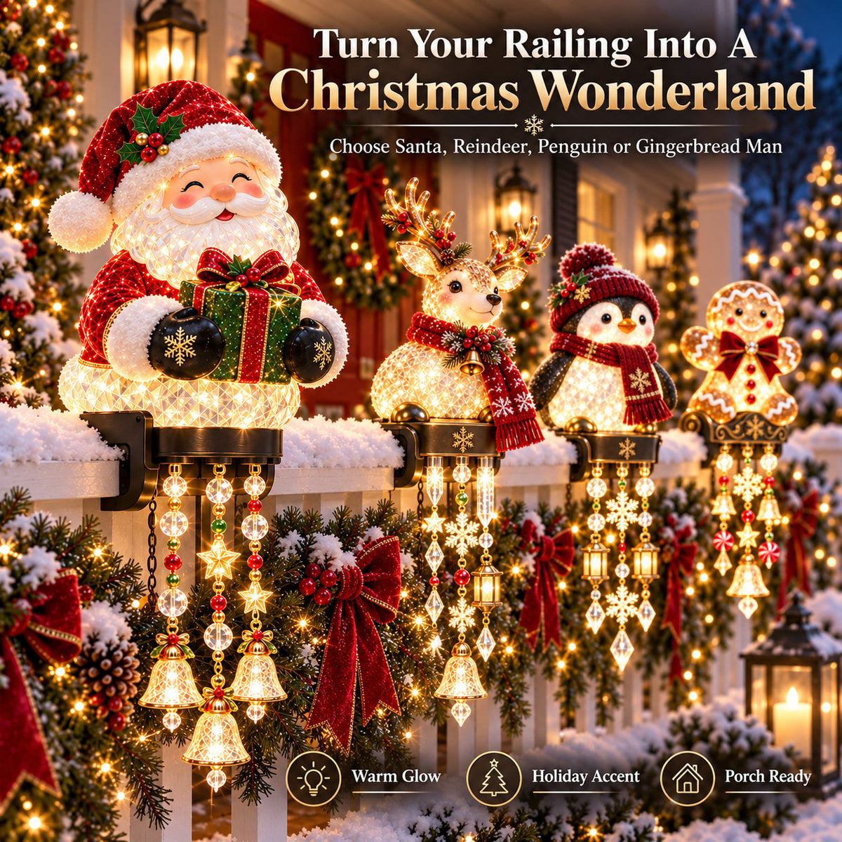 🔔🎄 Christmas Porch Railing Lights – 4 Festive Character Designs