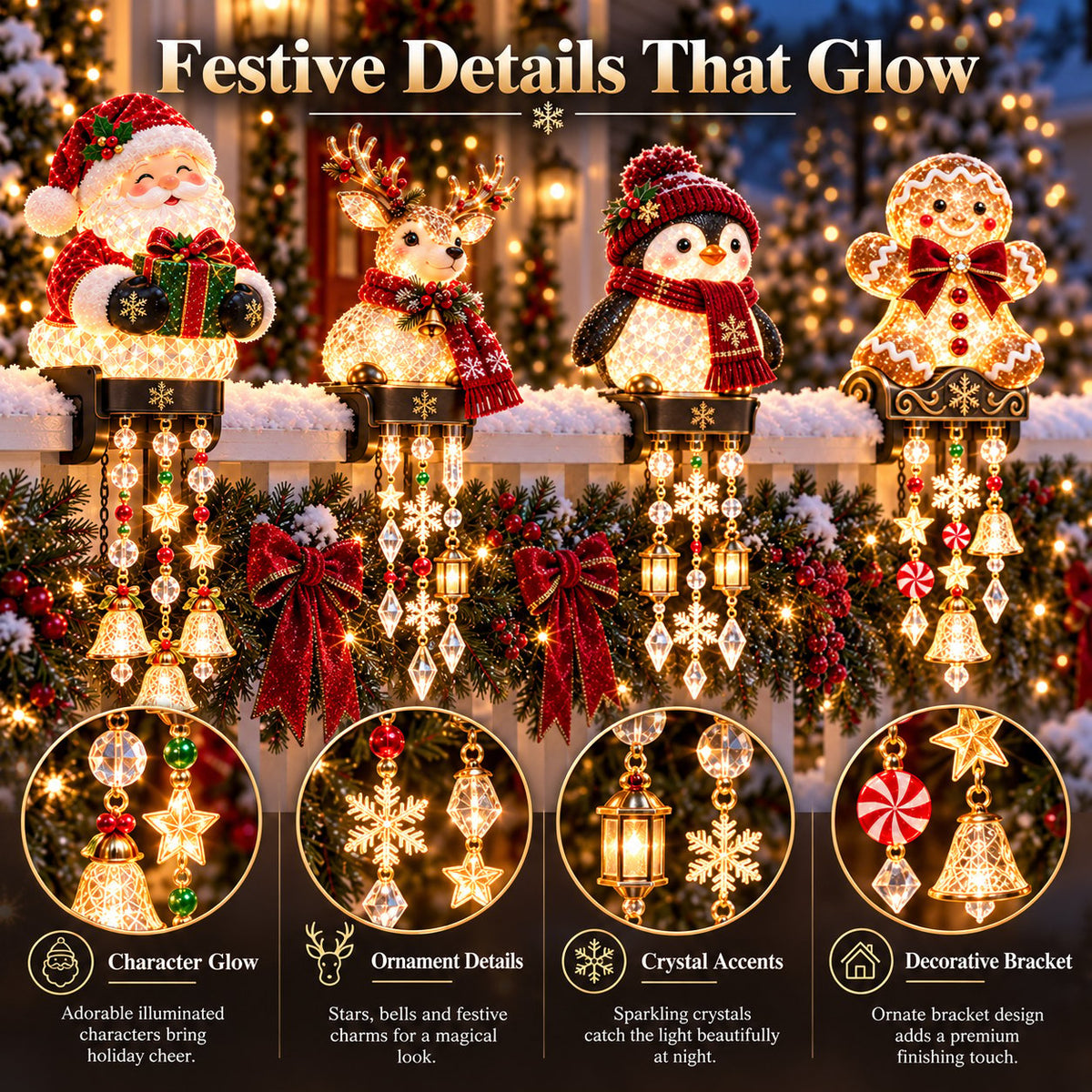 🔔🎄 Christmas Porch Railing Lights – 4 Festive Character Designs
