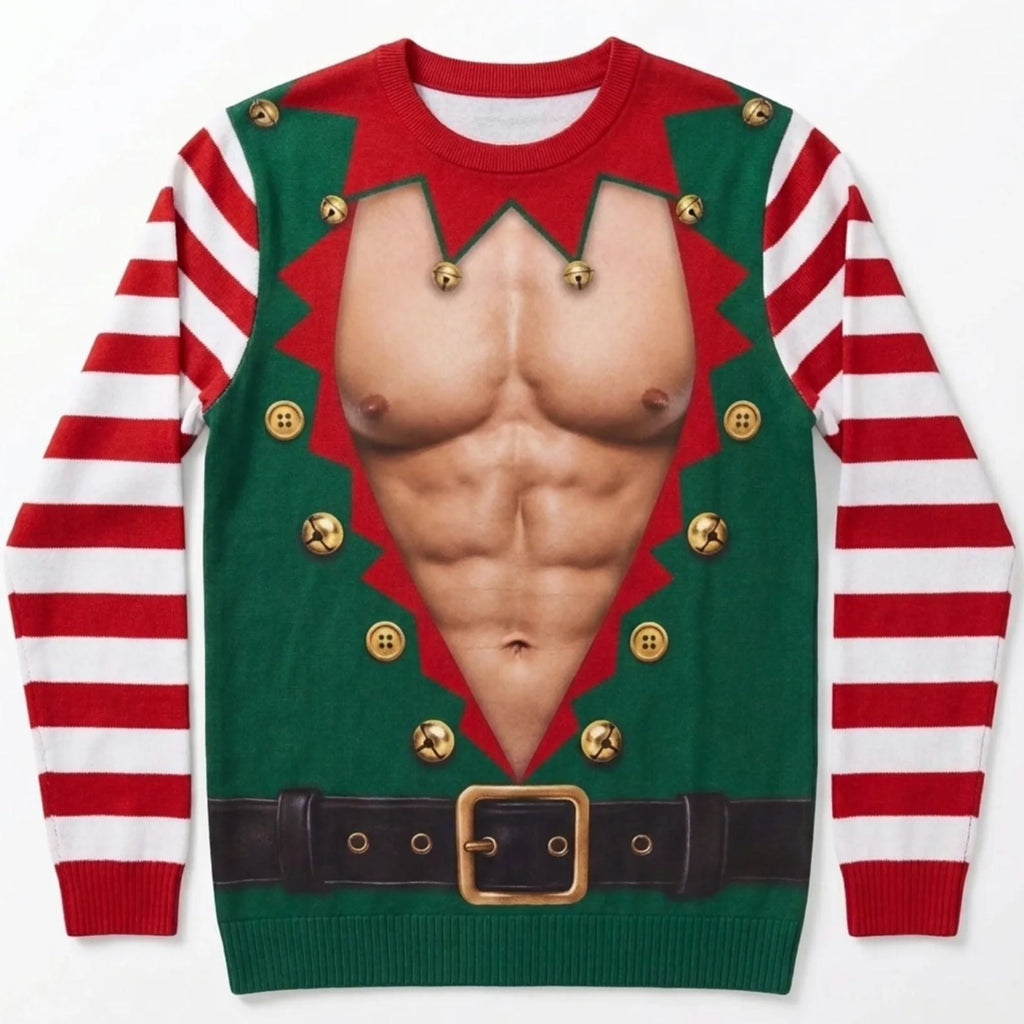 Funny Christmas Ugly Sweater for Men, Fake Chest Elf & Gingerbread All-Over Print Sweatshirt 686160 WFD